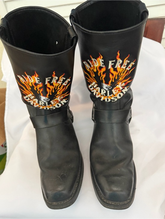 Harley-Davidson Other - Harley-Davidson Rare Leather Black Ride Boots with Flame Ride Free Embroidery